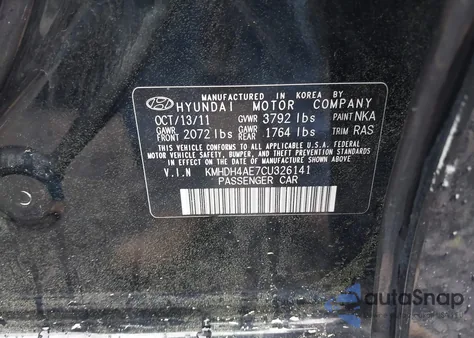 2012 Hyundai Elantra Gls (Ulsan Plant) z USA, uszkodzony, nr VIN KMHDH4AE7CU326141